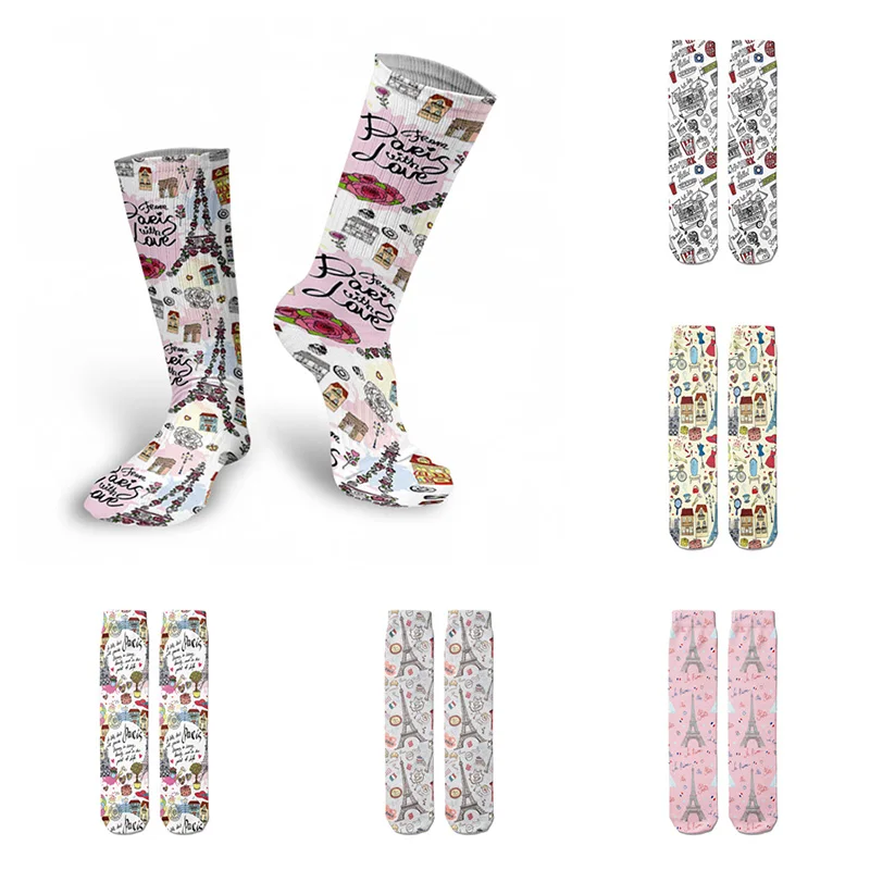 Fashion Paris Eiffel Tower Women's Cotton Socks Casual High Ankle 3D Print Female Socks Funny Kawaii Harajuku Girl Creative Sock