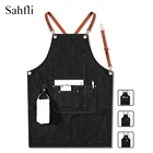 Комбинезон из натуральной синей джинсовой кожи с множеством карманов, наплечный ремень, без рукавов, фартук для магазина кофе, молока, чая