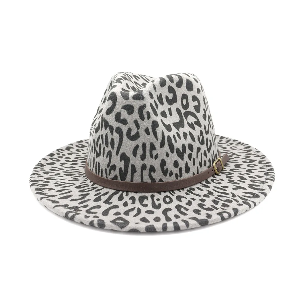 

2021 new Trend Unisex Flat Brim Wool Felt Jazz Fedora Hats Men Women Leopard Grain Trilby Panama Formal Hats HF36