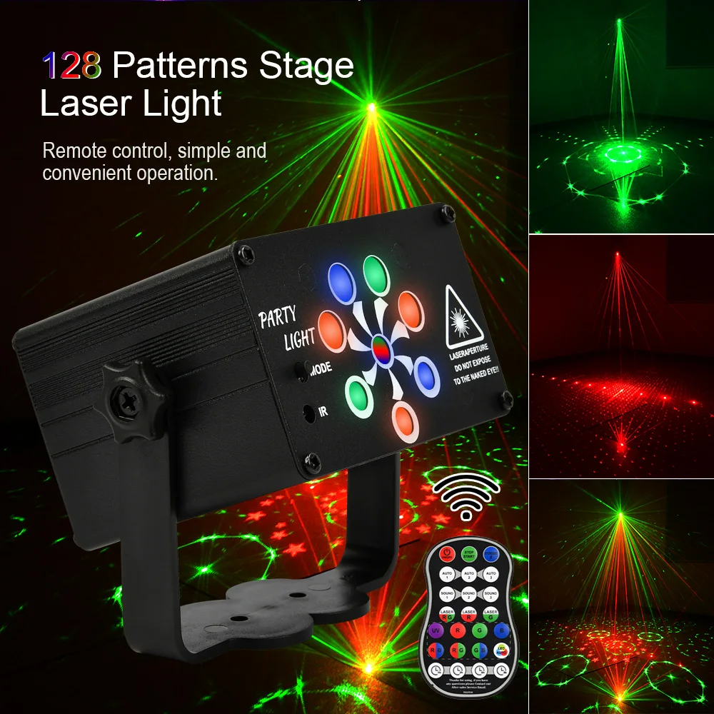 

Светодиодный диско-прожектор с голосовым управлением, музыкальный лазерный прожектор с 128 узорами, сценическое освещение с s-образными эффе...