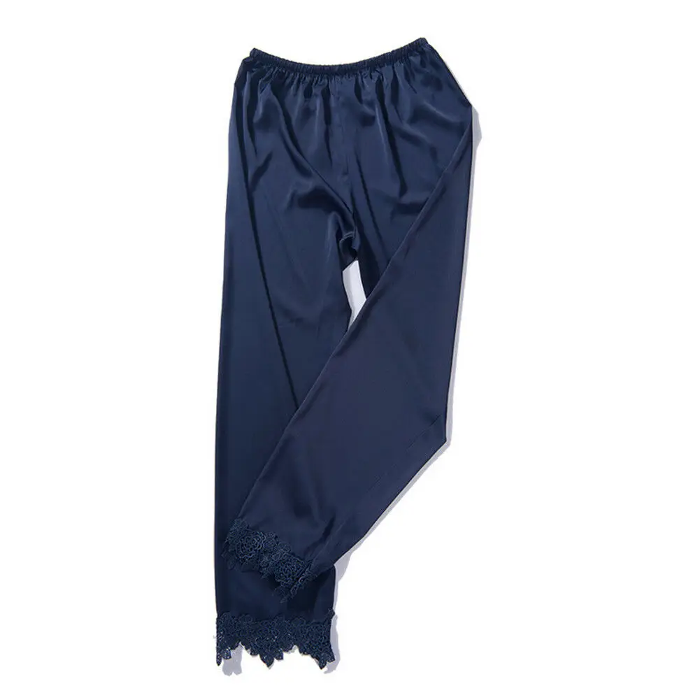 Navy blue Женский Шелковый Атласный пижамный комплект, пижама, одежда для сна, костюм для отдыха - Цвет: Navy blue
