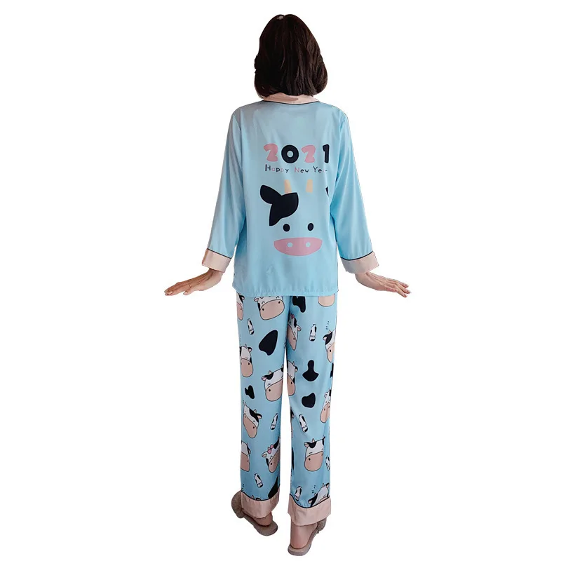 

Pajamas Women Autumn Long-sleeved Ice Silk Suit Girl Cow Simulation Silk Homewear Pijama Invierno Mujer Pizama Damska Fashion