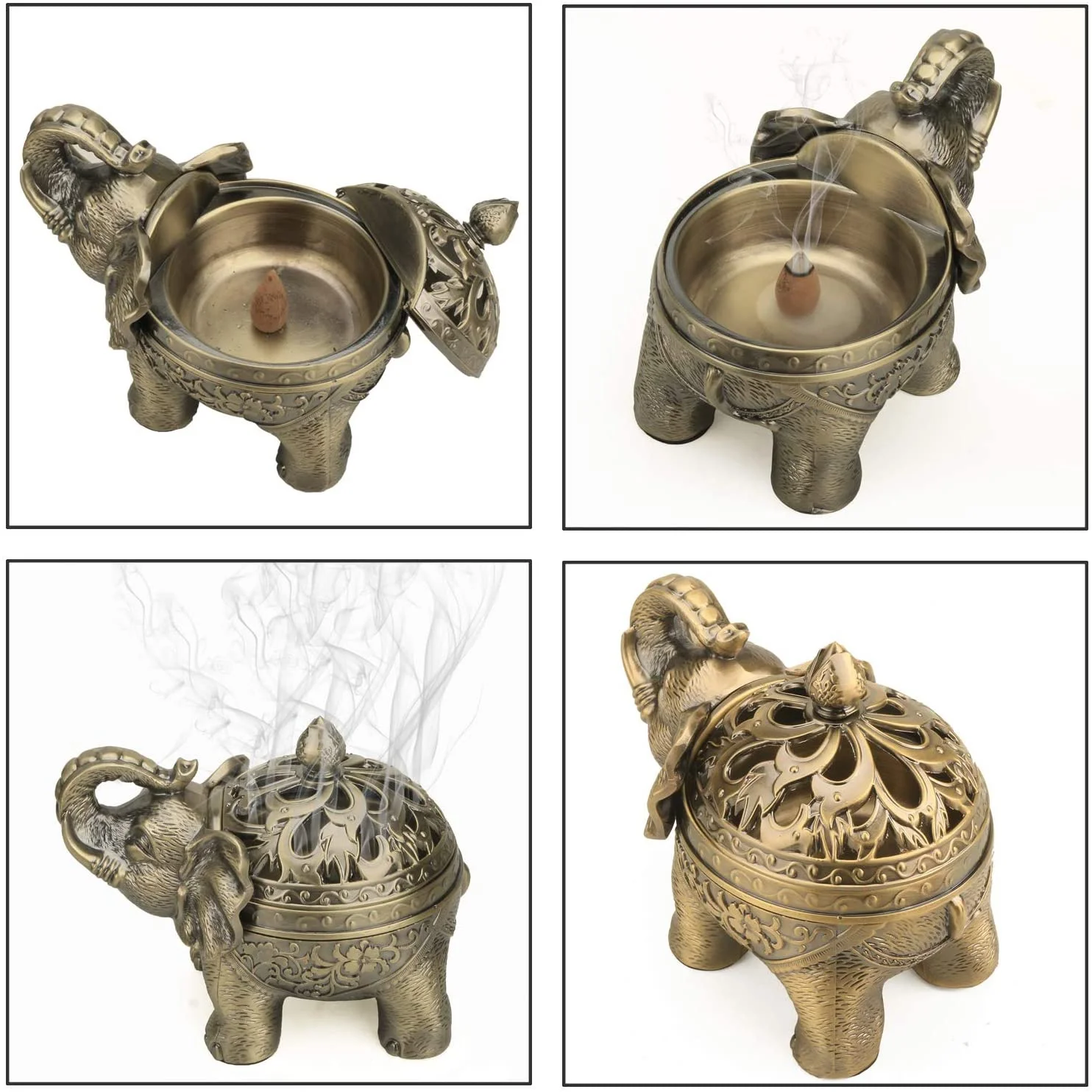 

Alloy Incense Holder Stand Lucky Elephant Cone Coil Incense Burner Ash Catcher with Lid Dining room porch censer ornaments