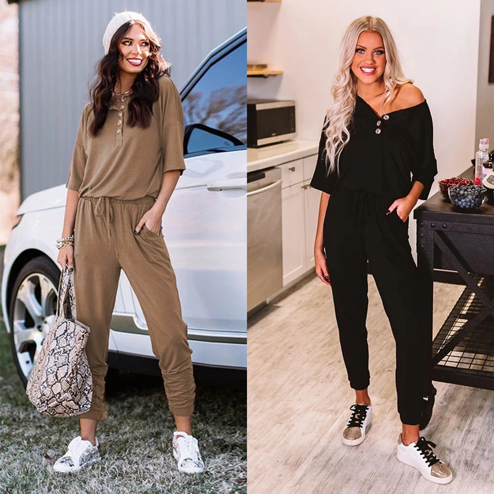 

Women Casual Jumpsuit Soild Color Short Sleeve Round Neck Button Full Length Overall Summer Straight Homewear Long Romper D30