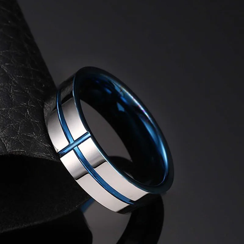 6MM Tungsten Carbide Ring for Men Blue Cross Line Groove Wedding Band High Polished Size 7-12