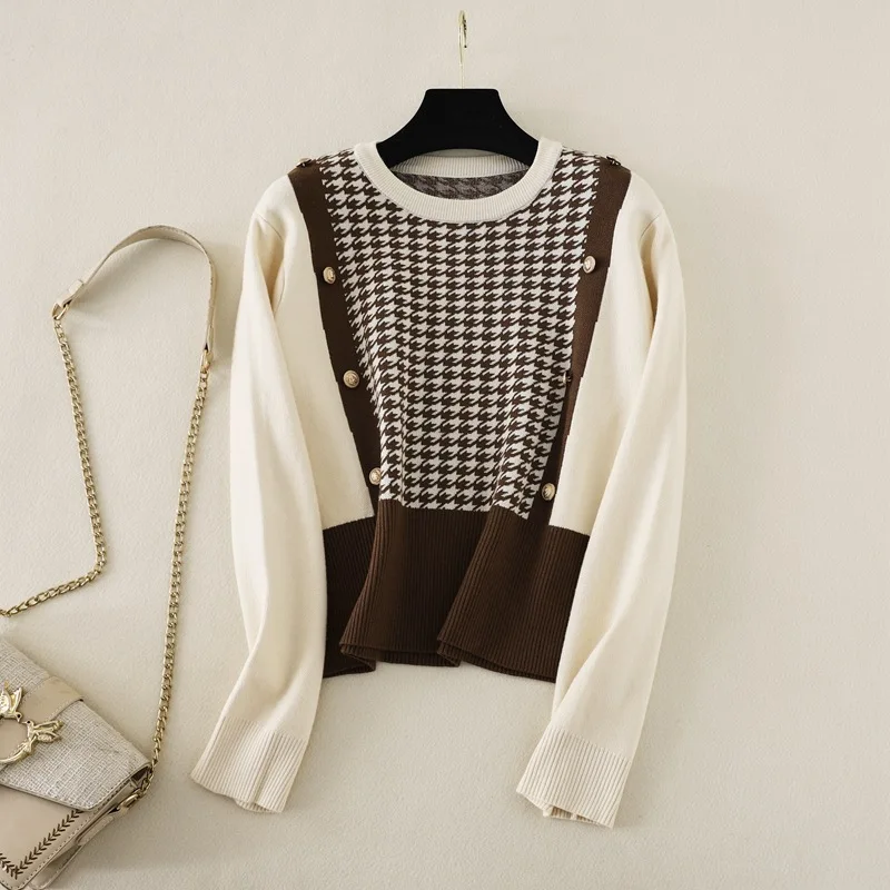 Осенний ретро свитер SINGREINY с рисунком гусиные лапки женские повседневные