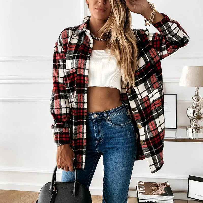 

Vintage Plaid Shirt Jacket Women Coat Turn Down Collar Long Sleeve Coats Women 2021 Autumn Winter Fashion Street Casual Clothes
