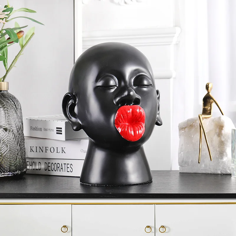 

[HHT] Nordic Light Luxury Red Lips Black Man Character Ornaments Modern Arts Living Room Desktop Home Decoration Accessories