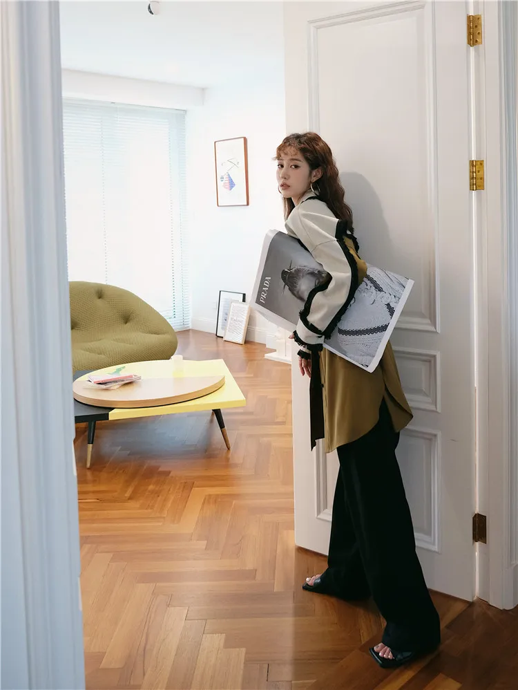 

Loose Mid-Length Turn Down Collar Dresses Color Matching Shirt Wear All-match Long Sleeve Base Shirt Dress Women