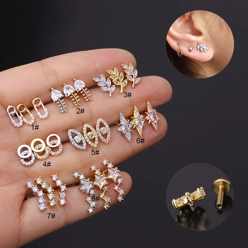 

1Piece Diameter 1.2mm Internal Rod Piercing Stud Earrings for Women 2021 Trend Fashion Jewelry Fish Eye Leaf Zircon Earrings