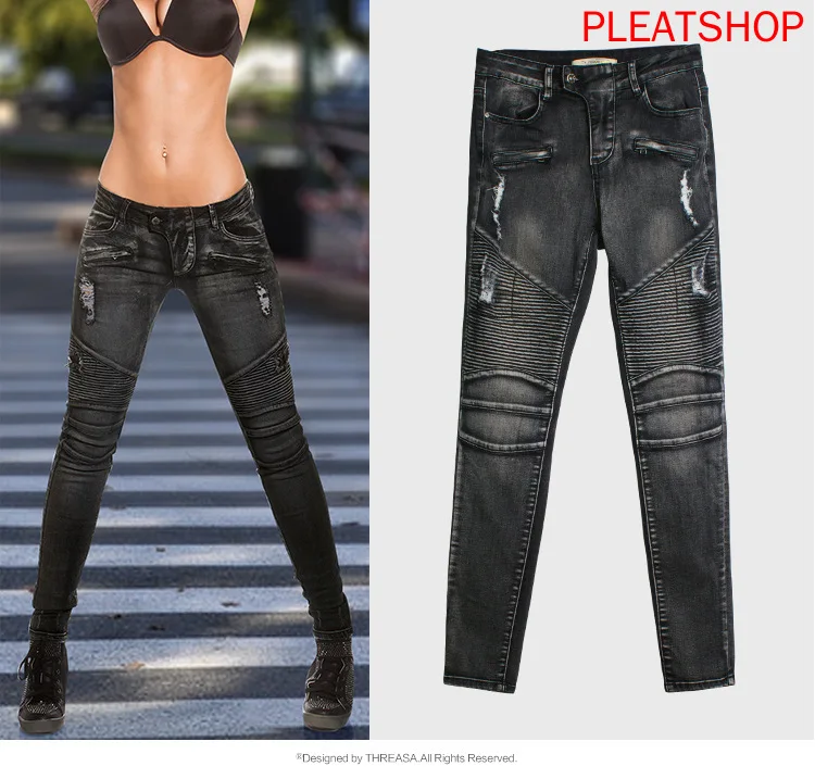 

Мотоциклетные женские джинсы в европейском и американском стиле с дырками, облегающие Эластичные Обтягивающие женские ковбойские брюки, о...