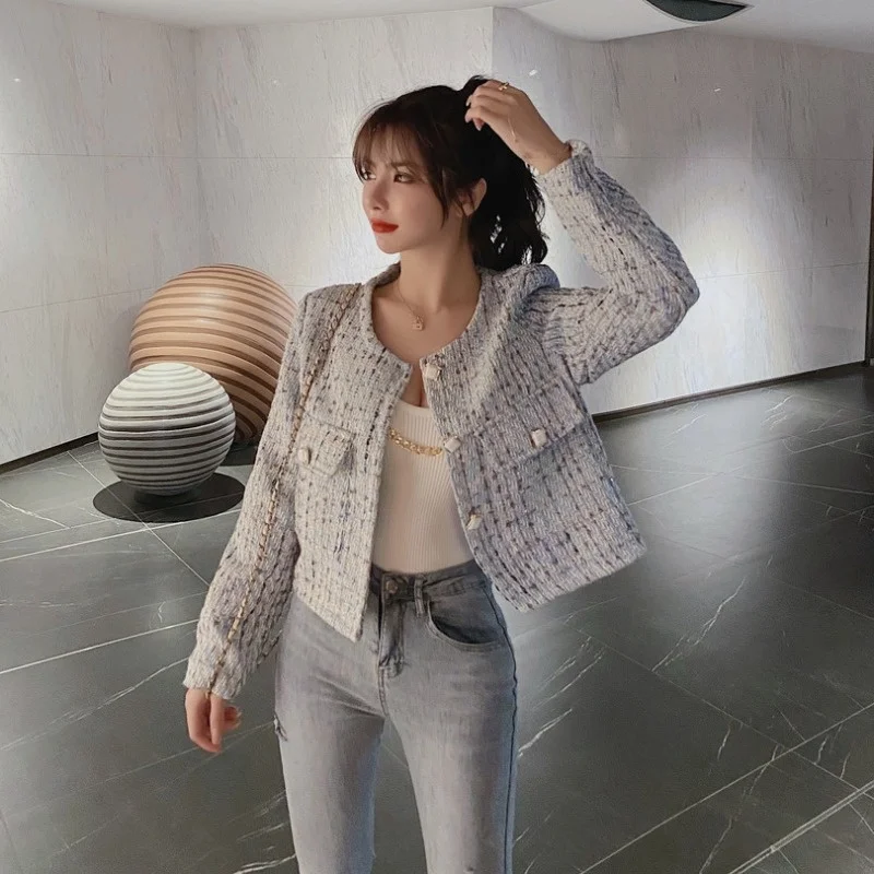 Женский твидовый укороченный топ модный ретро-топ с круглым вырезом в