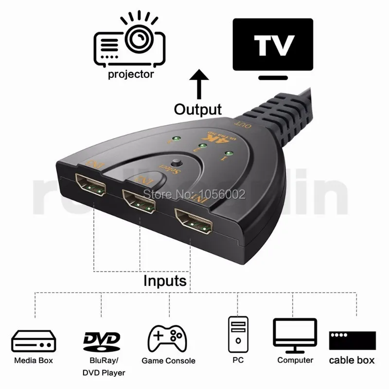 HDMI сплиттер 3 порта 4K переключатель 3в1 hdmi адаптер 1080P для HDTV DVD Xbox PS3 PS4 ноутбука и ПК