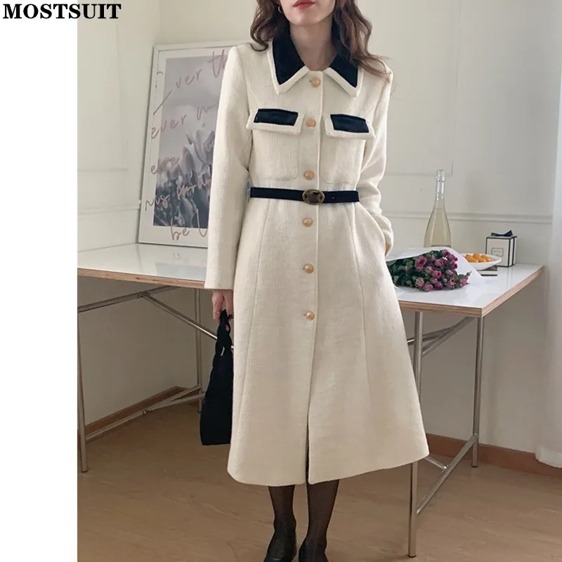 

Vintage Elegant Thick Wool & Blends Long Coat Women Full Sleeve Single-breasted Belted Outwear Workwear Fashion Stylish Overcoat