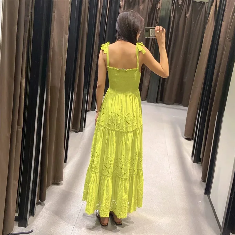 

TRAF Za 2021 Cutwork Embroidery Long Dress Women Ruched Slip Midi Dress Woman Strappy Sexy Backless Summer Dresses Ladies