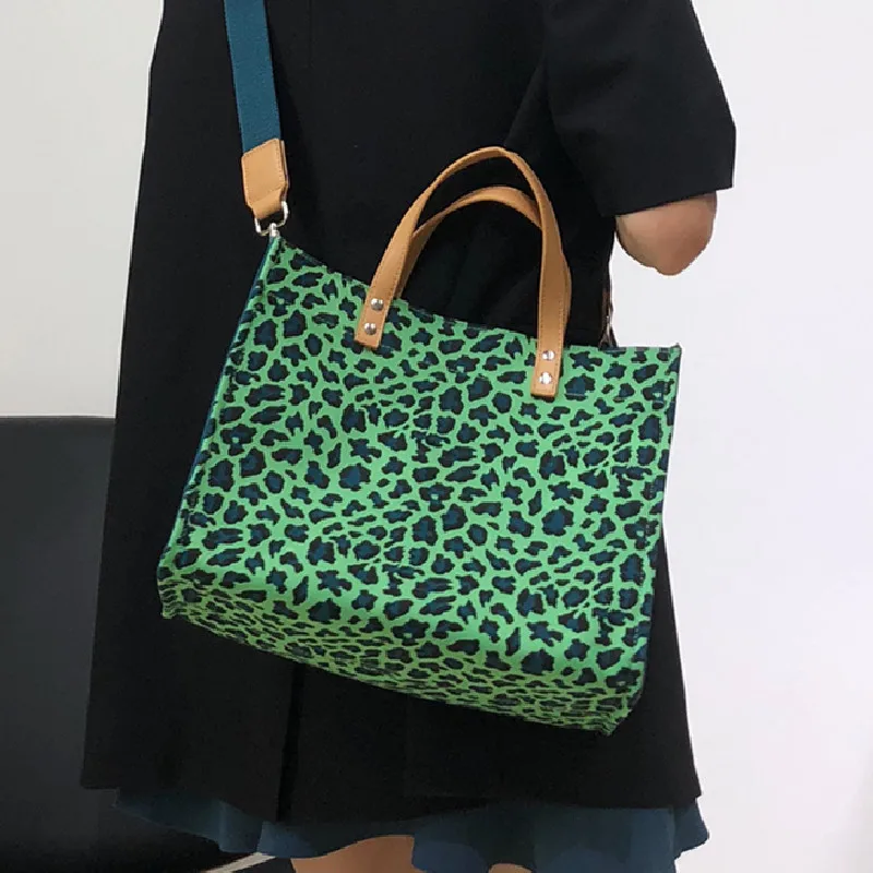 

women canvas leopard big tote handbag for female summer design cool casual personality large capacity green navy shoulder bag