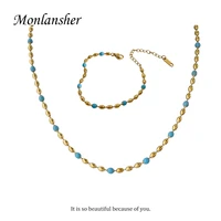 monlansher gold color stainless steel metal oval bean beads chain necklace blue dropped oil beads choker trendy necklace jewelry