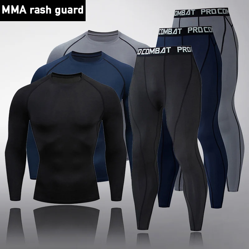 New Fitness Long underwear 2 piece set Compression leggings shirt tights rashgard male Brand clothing Track suit men sportswear