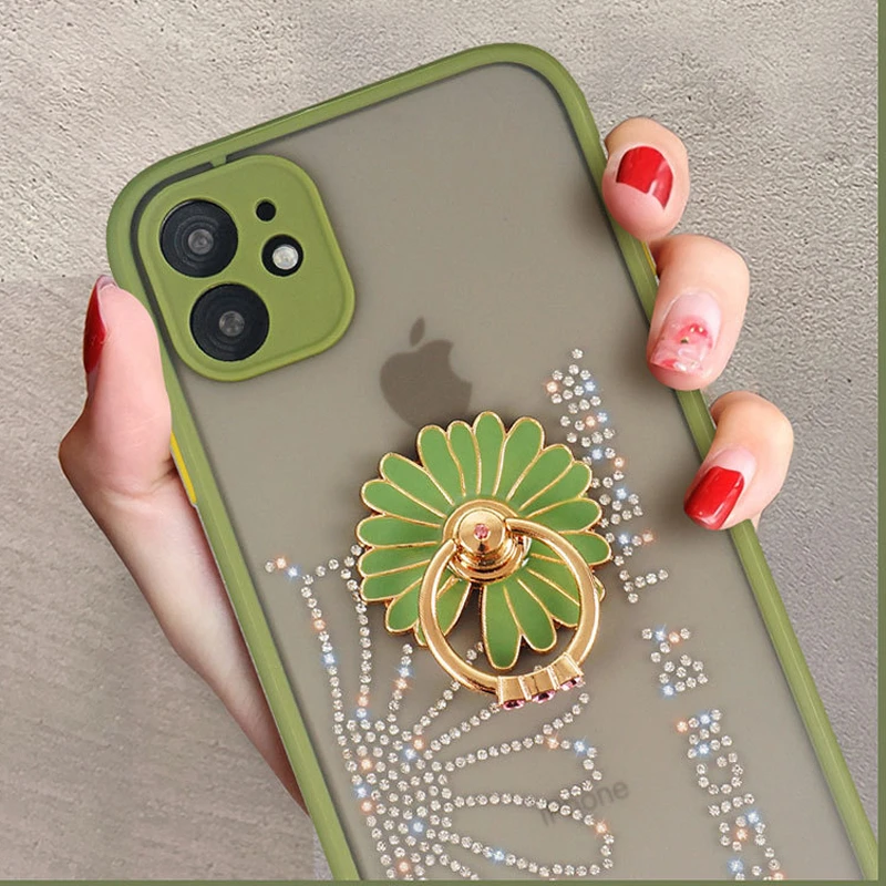 

Diamond Flower Bling Ring Holder Phone Case For iPhone 11 11Pro 11Pro Max X XS XR 6 6S 7 8 Plus SE2020 Bling Crystal Bracket
