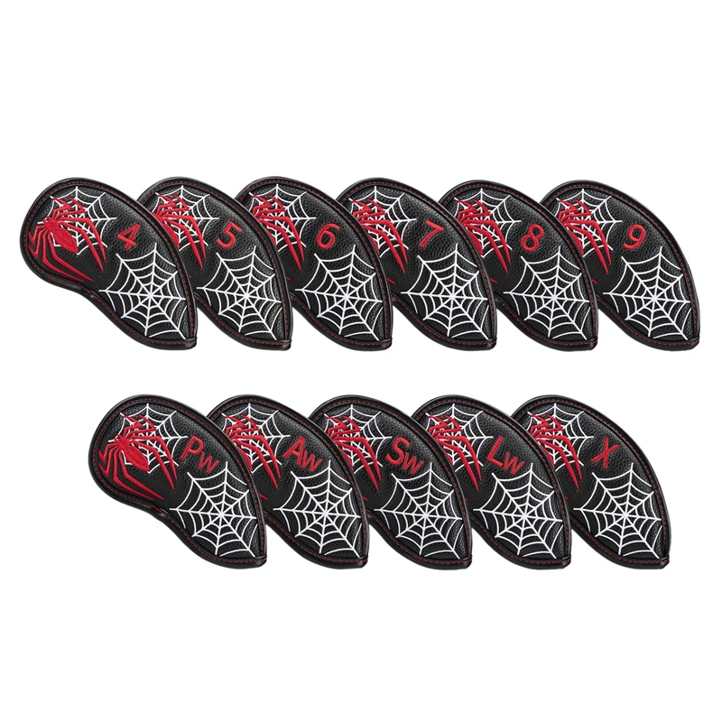 

Golf Iron Head Cover Set with Spider Web Design, Black Synthetic Leather Wedge Headcovers with Skeleton (11Pcs/Lot)