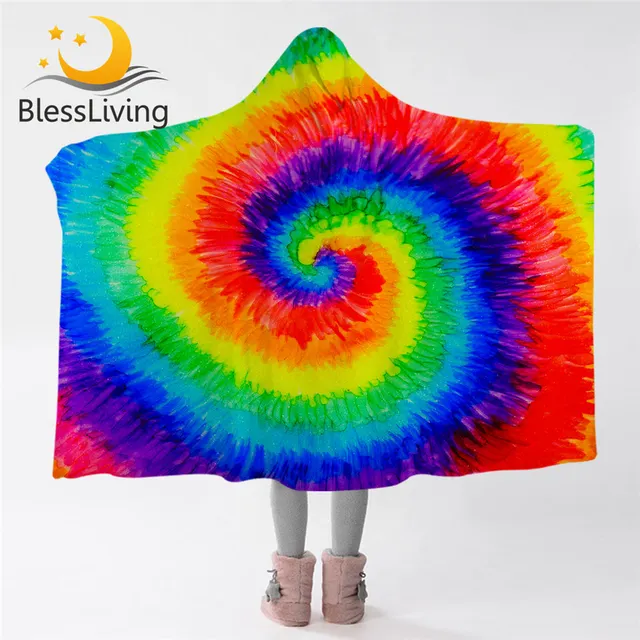 BlessLiving Tie Dye Hooded Blanket Rainbow Sherpa Fleece Blanket Watercolor Wearable Throw Blanket Ink Textured Colorful Bedding 1