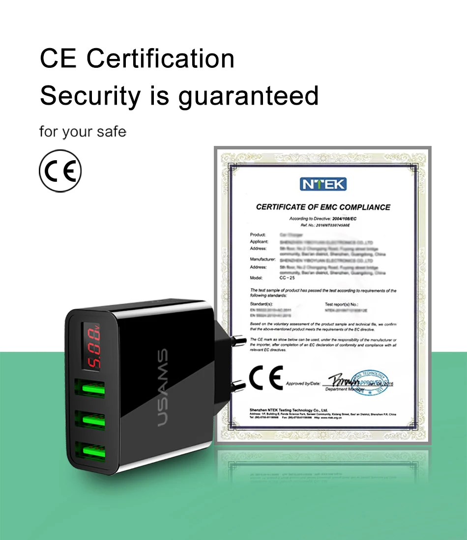 USAMS, 3 порта, USB зарядное устройство для телефона, светодиодный дисплей, штепсельная вилка европейского стандарта, всего макс., 3 А, умное быстрое зарядное устройство, мобильное настенное зарядное устройство для iPhone, iPad, samsung