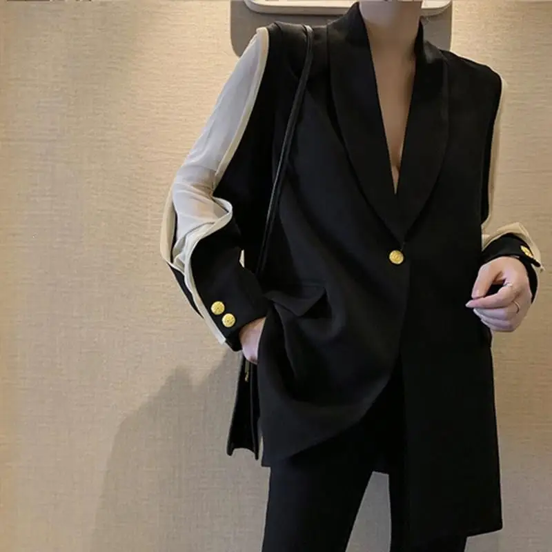 2019 Women Metal Gold Buckle With Belt Blazer Notched Fashion Split Black Hit Color Blazers Coat Ladies Office Loose Jacket | Женская