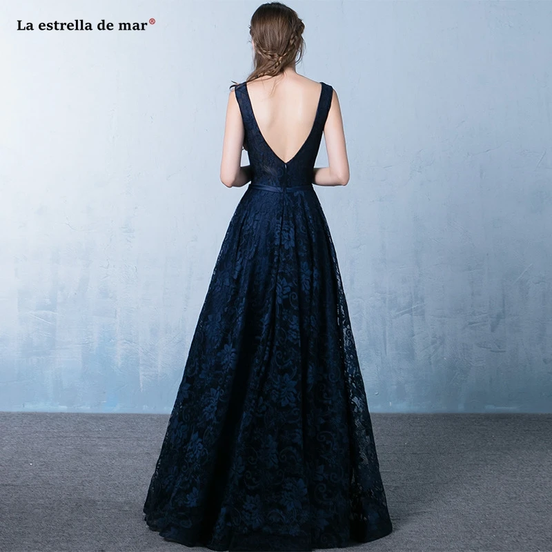 

Navy blue bridesmaid dresses long sexy V neck lace Backles A Line robe de soire de mariage simple vestido invitada boda mujer