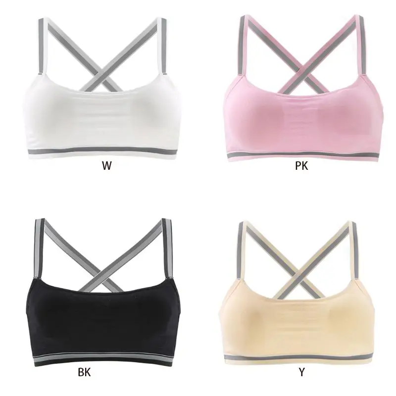 

Teenage Girl Stripes Criss Cross Straps Sports Bra Wireless Ribbed Knit Cotton Underwear Padded Stretch Seamless Bralette 8-12T