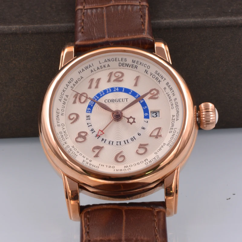 Часы мужские механические с кожаным ремешком и двумя часовыми поясами 43