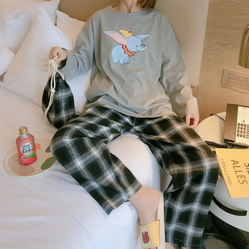 Disney Dumbo Pajamas Plus Size Loose 2 Piece Set Pijama Mujer Long Sleeve Top and Plaid Pants Sleepwear Autumn Winter 2021 New