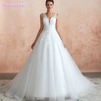 2020 wedding dresses sequin applique white tulle v neck sleeveless illusion backless ball gown bridal dress vestidos de novia