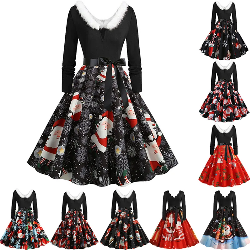 

2021 Christmas Costume Party Dress Long Sleeve Deep V Neck Fur Collar Vintage Christmas Women Winter Sundress Plus Size Robe
