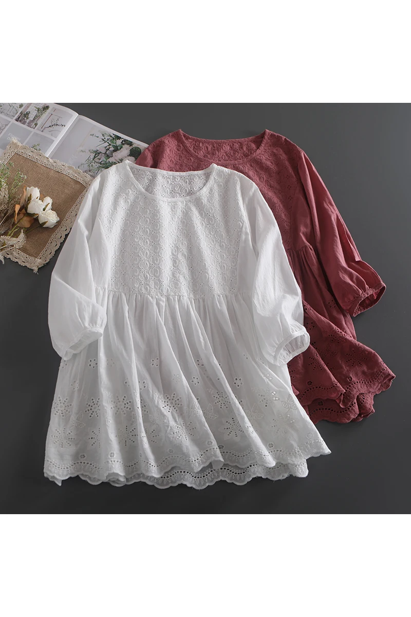 

New Spring O neck Solid Embroidery cotton shirt top women casual wear