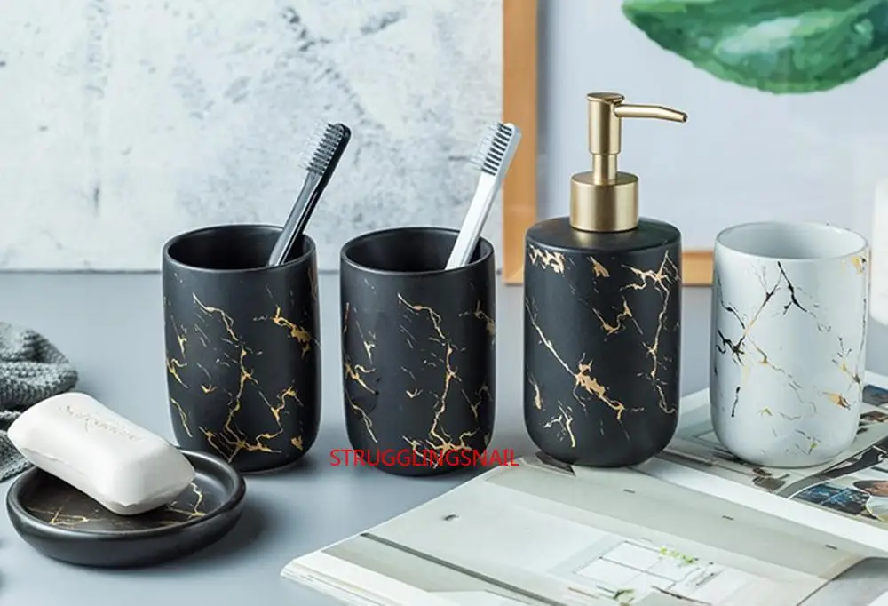 ceramic bathroom accessory set washing tools water bottle mouthwash cup imitation marble soap dish toothbrush holder free global shipping