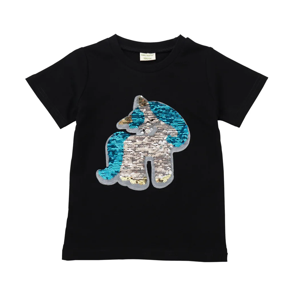 Jargazol/рубашки для маленьких мальчиков с единорогом и блестками Летняя футболка