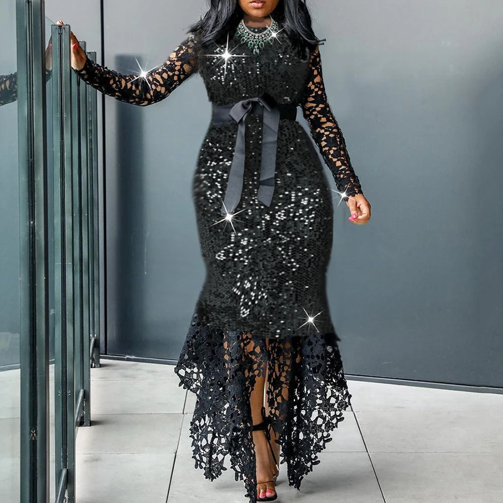 Элегантные сексуальные кружевные вечерние платья с блестками женские длинным