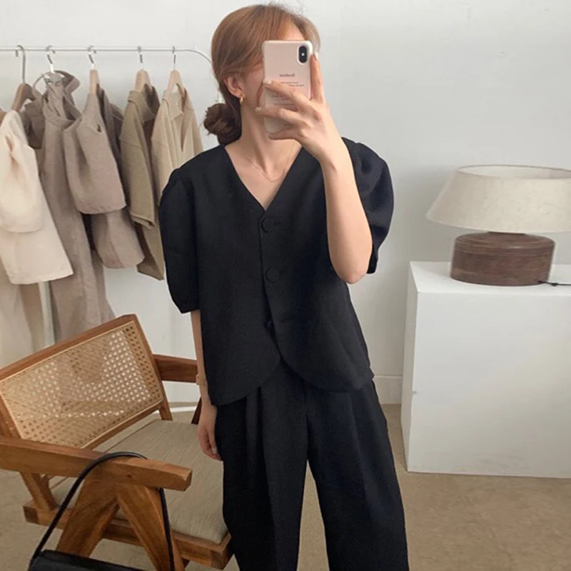 

Summer Two Piece Set Top and Pants Women Single Breasted Puff Ssleeve Blouses and High Waist Wide Leg Long Pants Vintage Sets