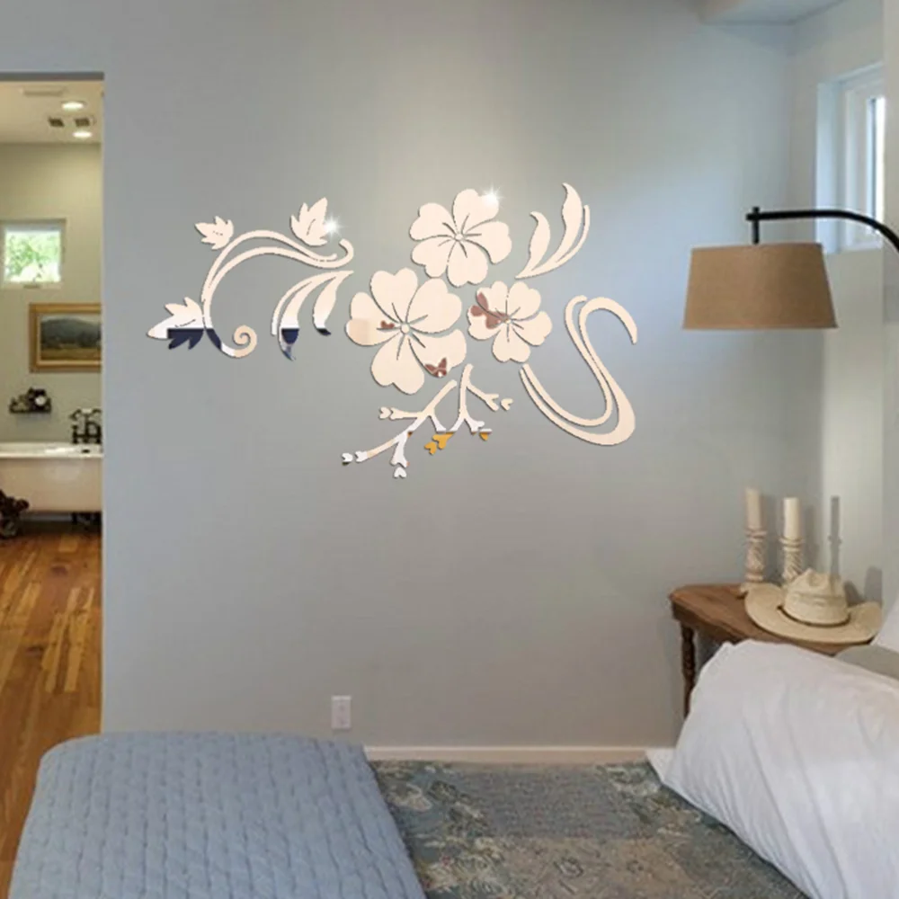 

3D Mirror Flower Vine Wall Stickers Art Murals Removable Wall Decals For Home Bedroom Living Room Bathroom Decoration
