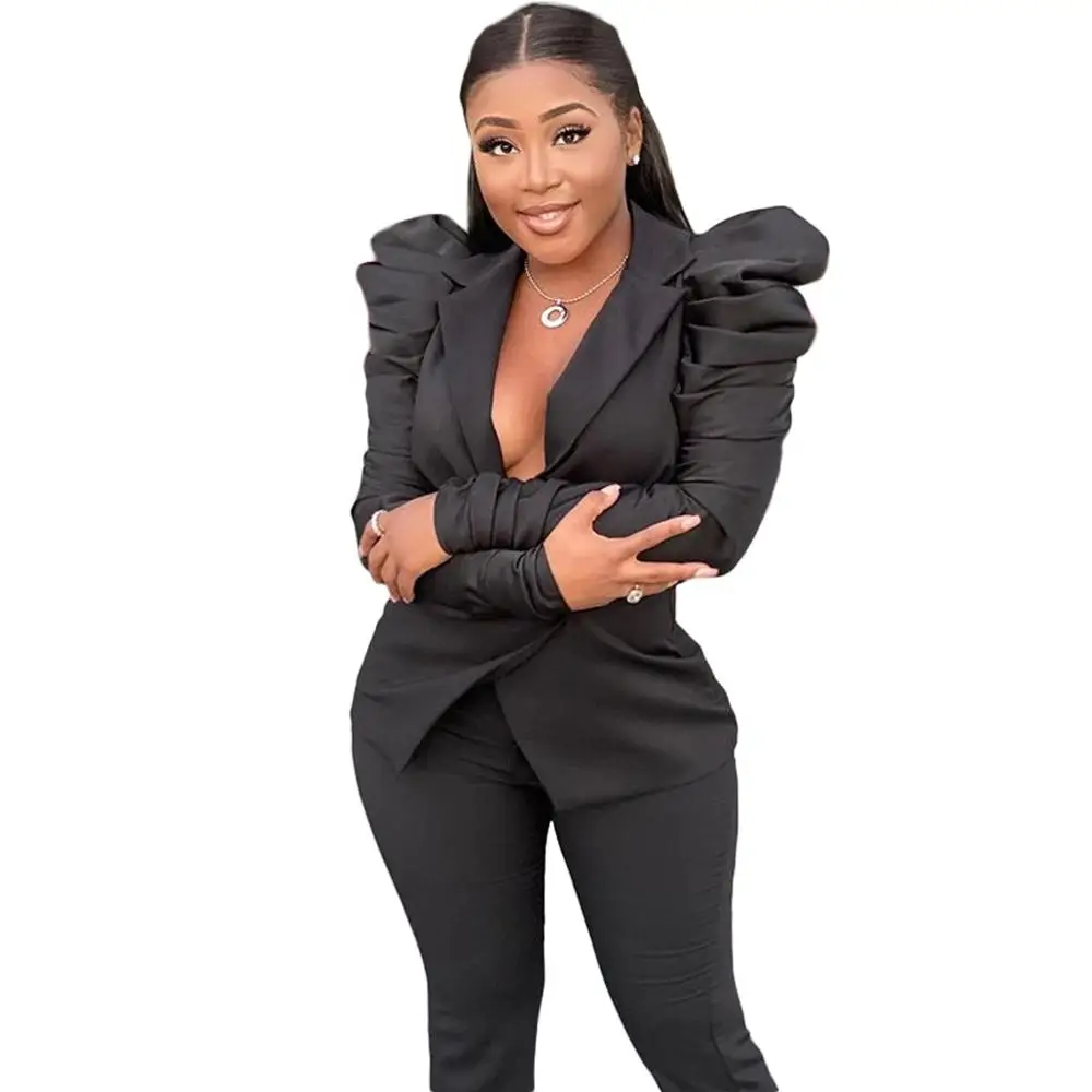 

Zoctuo Two Piece Set Solid Office Lady Turn Down Collar Outfit Set Long Puff Pushed Sleeve Pencil Pants Set