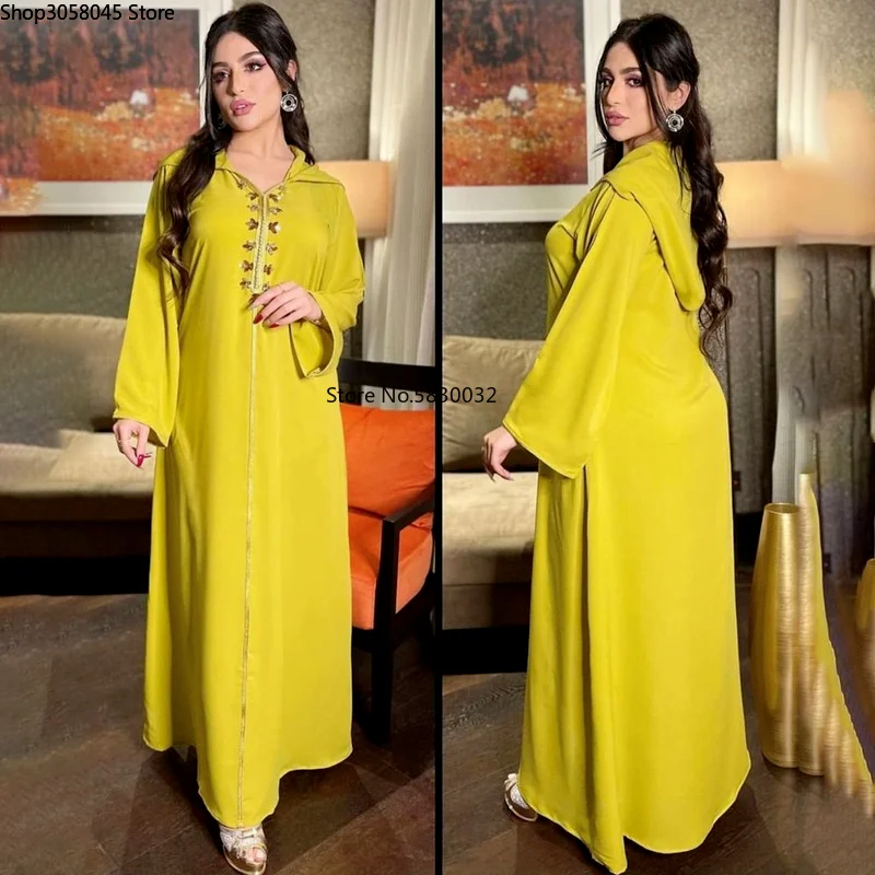 

Ramadan Eid Jalabiya Fashion Muslim Dubai Arabic Hooded Abaya Dress Moroccan Kaftan Diamond Jalabiat Women Robe 2021