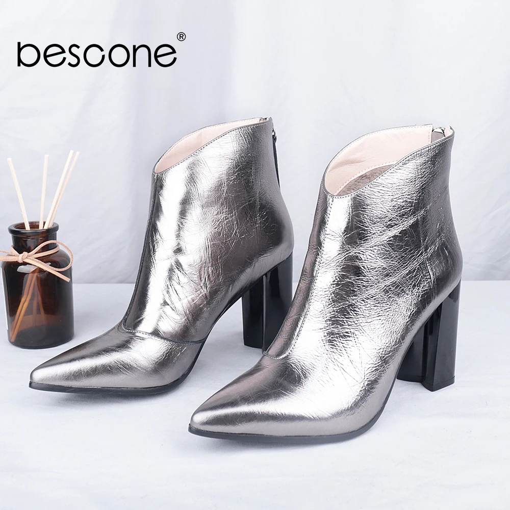 

BESCONE Women's Shoes Fashion Concise Leather Handmade Ladies Ankle Boots Pointed Toe Hoof Heels Winter Vogue Boots Women C781