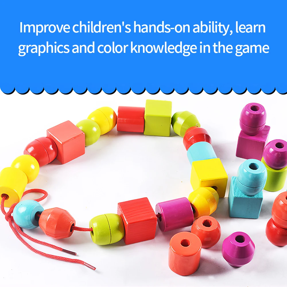 

Children Geometric Shape Wooden Lacing Beads Kids Montessori Blocks Threading Educational Toy Color Shape Recognition Toy Gift