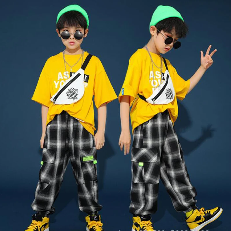 

Детская одежда для бальных танцев в стиле хип-хоп, футболка оверсайз, повседневные клетчатые брюки для девочек и мальчиков, костюм для джазо...