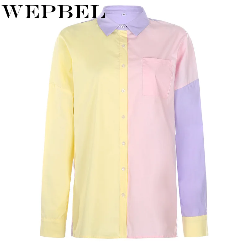 

WEPBEL Women Fashion Loose Blouse Patchwork Long Sleeve Turn Down Shirt Autumn Winter Casual Plus Size Blouse Top