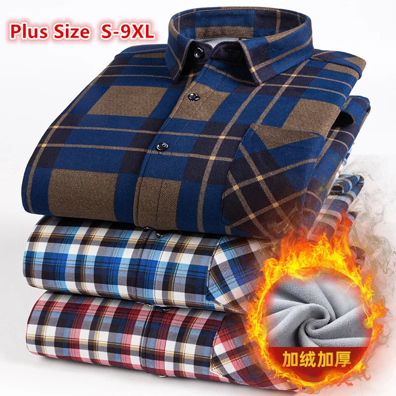 

Autumn Winter Men's Fleece Warm Plaid Shirt Plus Size 8XL 9XL Velvet Thick Casual Shirt Male Large Size Sweater Men14 Colors