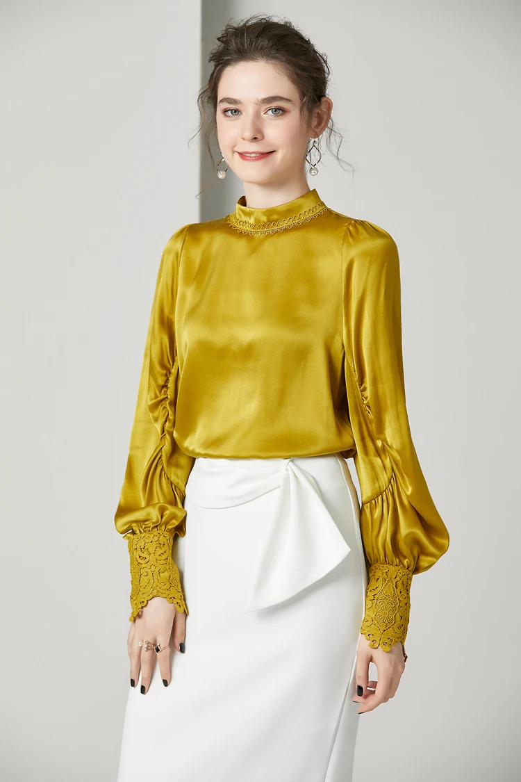 100% чистый шелк Женские Подиумные рубашки с круглым вырезом и длинными рукавами