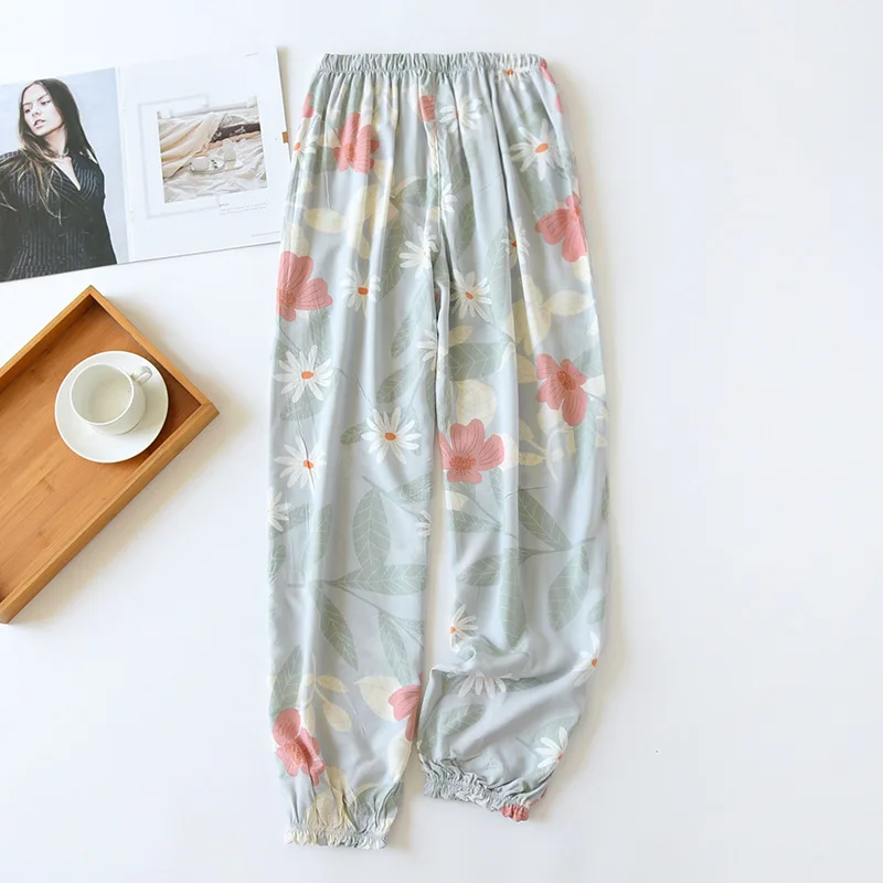 

Floral Printed Trousers Spring Summer Viscose Rayon Woman Pajama Bottoms Elastic Waist Ankle-Length Pants Soft Cool Sleepwear