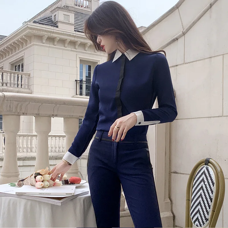 OL модная женская рубашка шифоновая темно-синяя блузка с белым рукавом женские