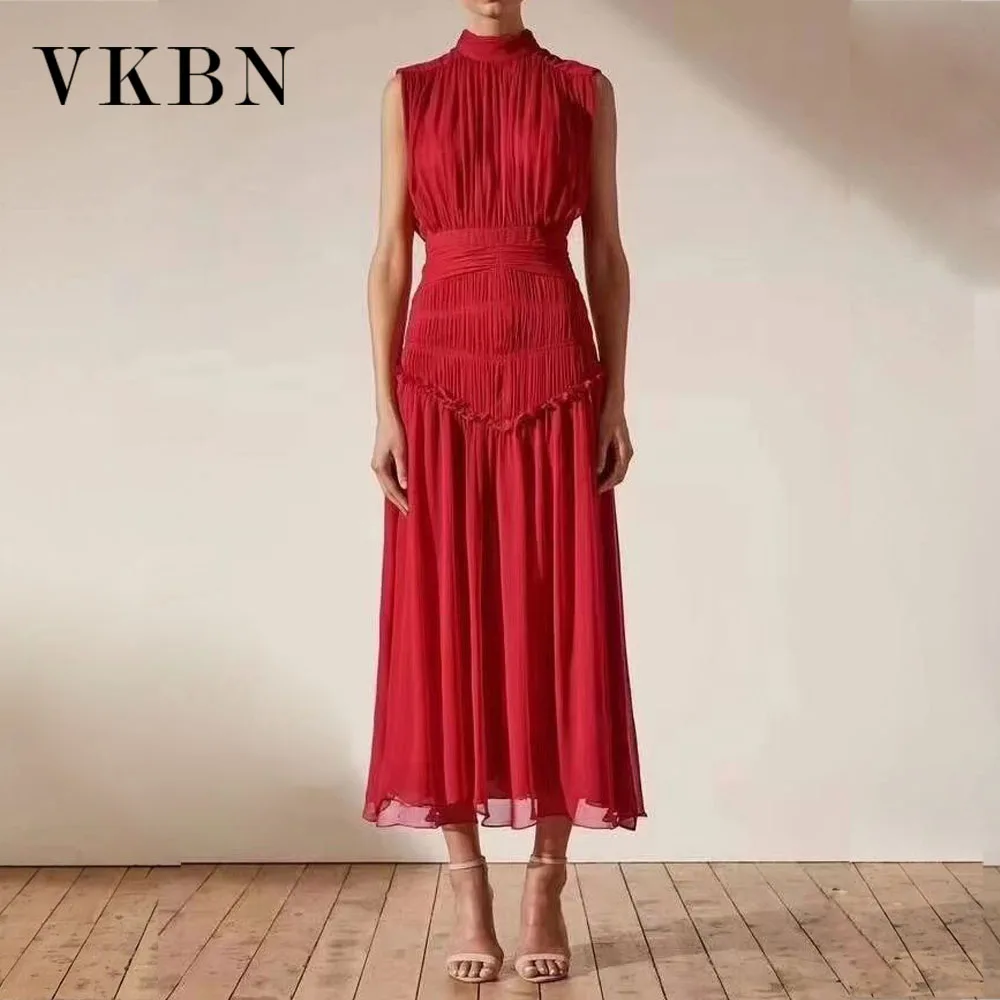VKBN Summer Dress Women Casual Half High Collar Sleeveless Ruched Stylish and Elegant Party Maxi Dress